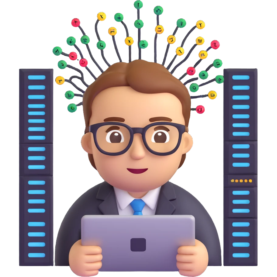 I.T. solution architect emoji wearing glasses, surrounded by servers and code symbols emoji