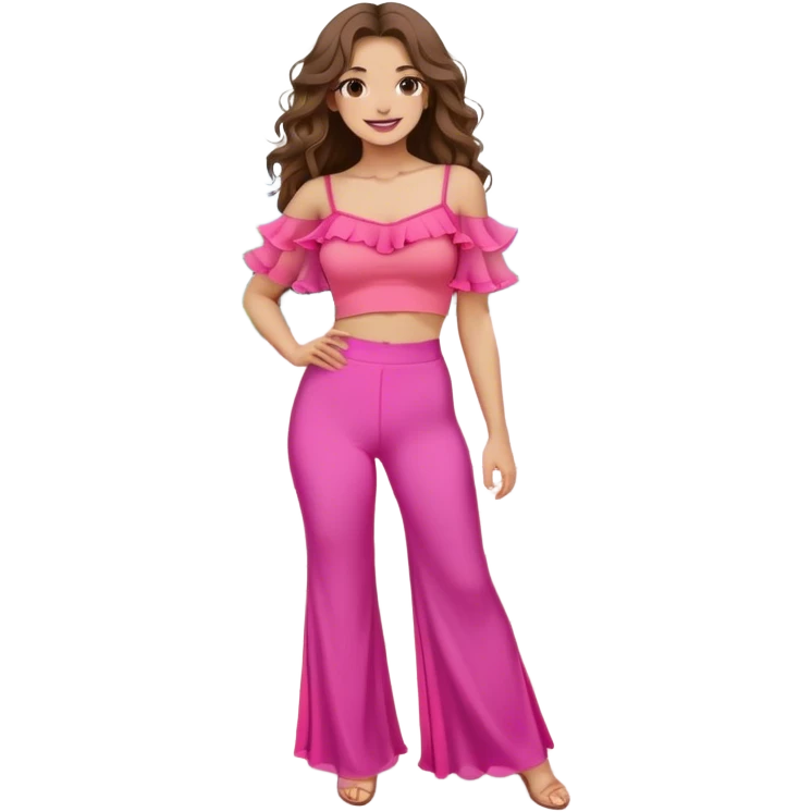 A young woman with long, wavy brown hair standing outdoors on a paved walkway, surrounded by green grass and modern architecture. She is wearing a vibrant pink crop top with dramatic sheer ruffled sleeves and high-waisted beige pants. The sunlight casts a warm glow on her face, and she has a gentle smile with a confident and relaxed posture. The background features a mix of classical and contemporary buildings, with trees adding a natural touch to the setting. emoji