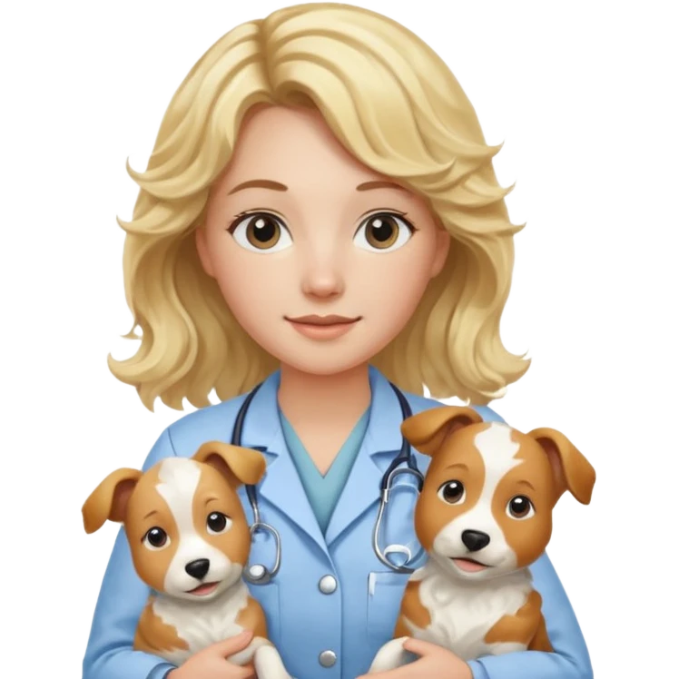 Joven mujer, de cabello bajo los hombros rubio con ondas, veterinaria de perros, vacas y caballos, con traje clínico celeste, sin delantal emoji