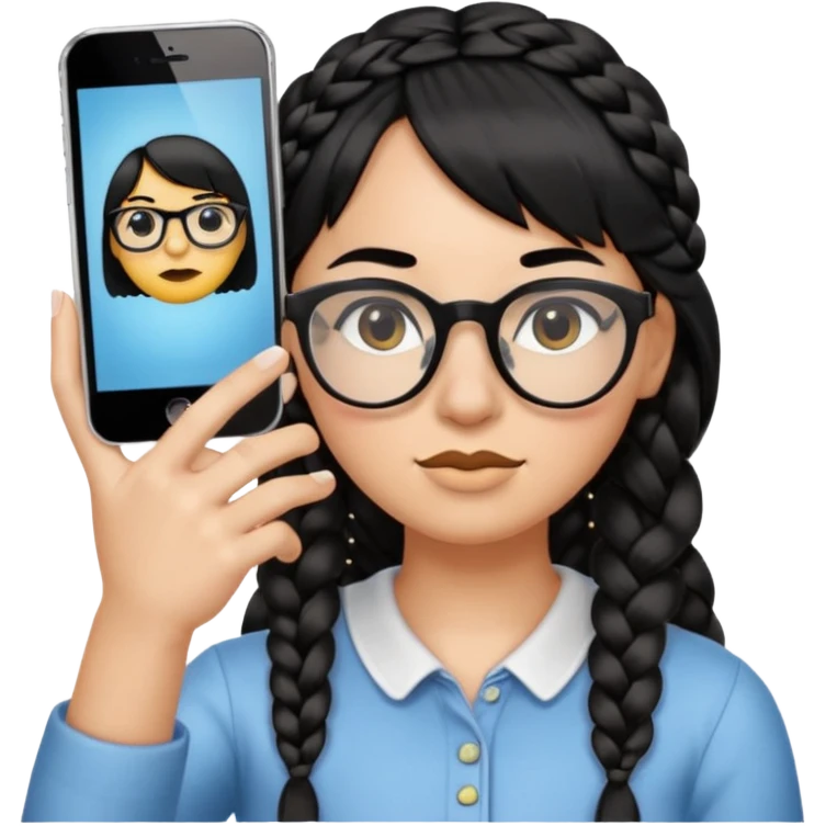 Black hair is braided to the left, bangs, horn-rimmed glasses, and only the eyes of the emoji taking a mirror selfie with iPhone white are visible, and the nose is covered with the iPhone emoji