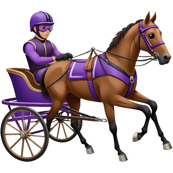 A brown harness racing horse. The sulky, a lightweight two-wheeled cart, is painted in black and attached to the horse’s harness. A driver, dressed in purple, is seated in the sulky not on the horse, wearing a purple helmet with goggles. emoji