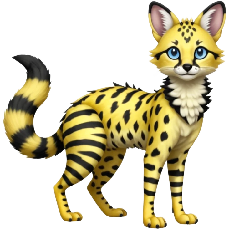  beautiful elegant spotted hype-realistic, black-maned, vibrant yellow Genet-Serval-Sergal-Margay-Fox-fusion-hybrid-furry-fursona, full body, with a long puffy fluffy black-and-white-striped tail, with natural blue eyes emoji