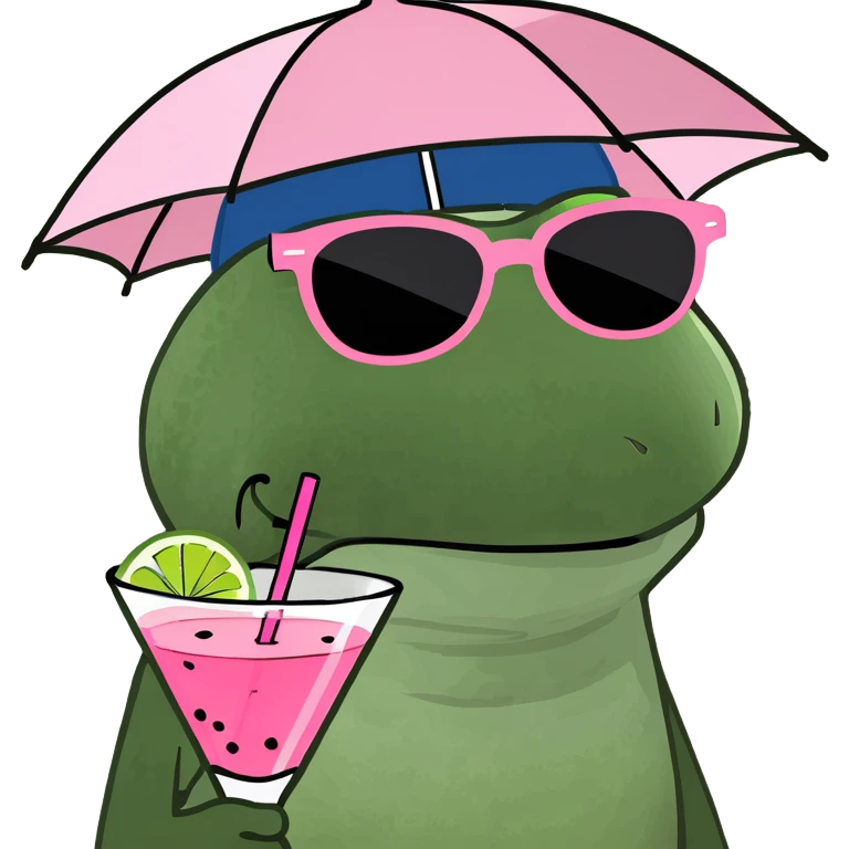 Bufo frog in a relaxed lounging pose, with umbrella hat, sunglasses, holding a pink cocktail, classic Bufo meme style, no background. emoji