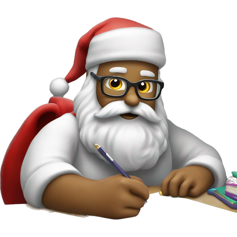 Santa is sitting on a desk, writing something down, solving complicated math puzzles in an exercise book emoji