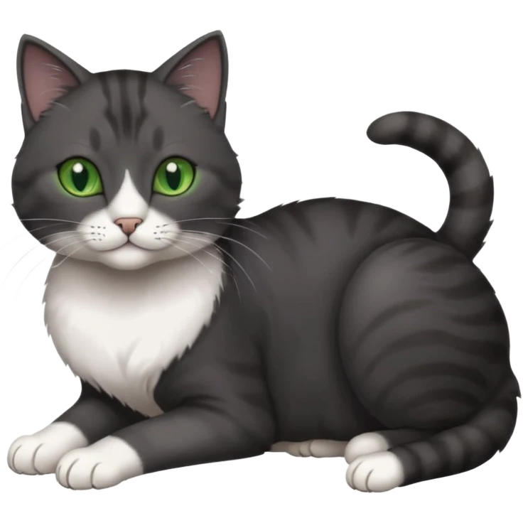 beautiful female solid dark grey cat with green eyes, white toes/paws and white patch on her chest rolling over emoji