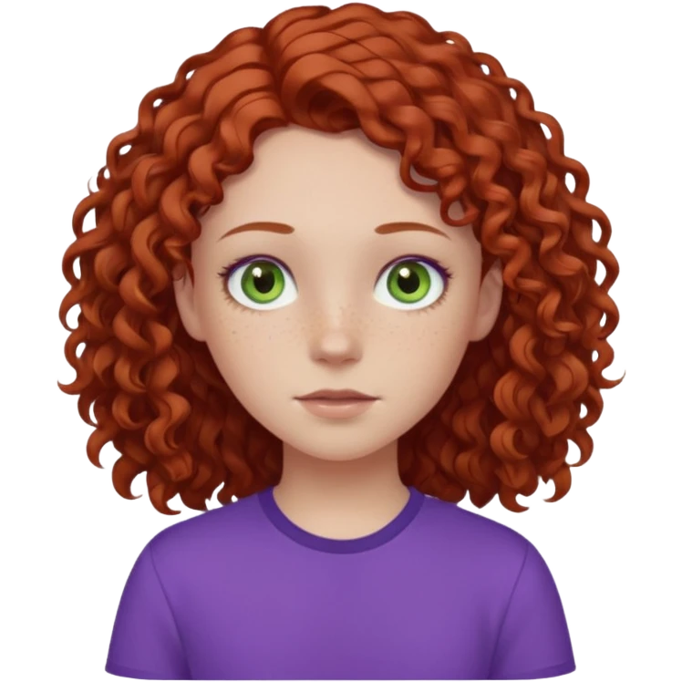 pale white teen girl with light blueish green eyes and freckles with brownish red curly middle part hair and purple shirt emoji