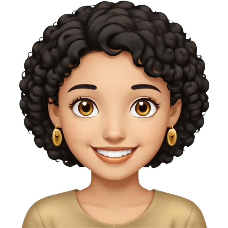 Girl showing happiness, medium skin tone, short curly black hair, gold earrings, brown eyes Minimal emoji showing happiness, medium skin tone, short curly black hair, gold earrings, brown eyes emoji