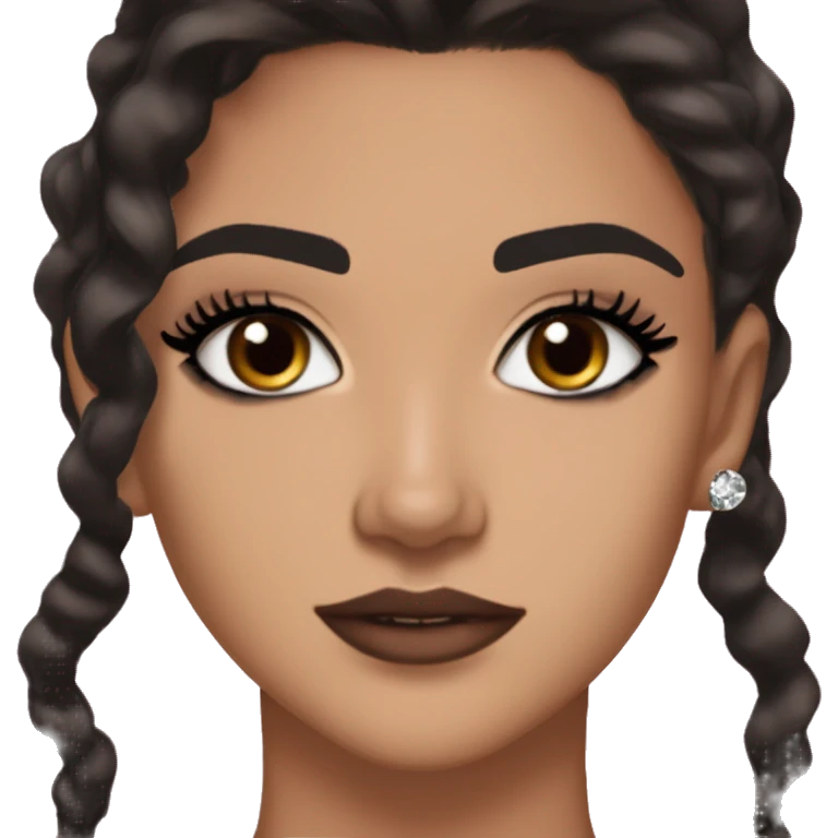 Maddy Perez euphoria show teenager: warm brown eyes, bold black sharp eyeliner, dark arched brows, full nude-berry lips, light skin, high cheekbones, sleek dark brown long hair in waves/ponytail, sparkly rhinestones on her eyelids 

 emoji