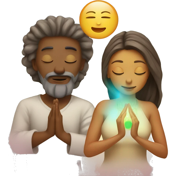 Man and woman lovers with 7 chakra symbols meditating emoji