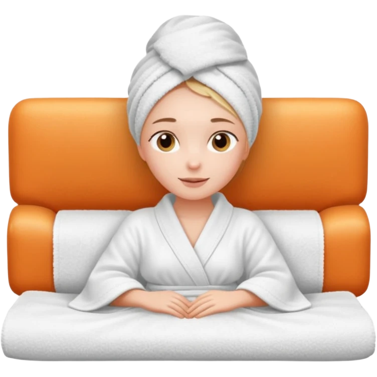 spa A contented and relaxed girl with a towel on her head in a white robe lies on a couch. The icon displays the couch and the girl in full three-quarter view. emoji