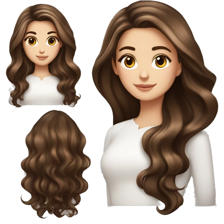 White girl brown eyes with very long length voluminous brown hair with brown highlights balayage spa emoji