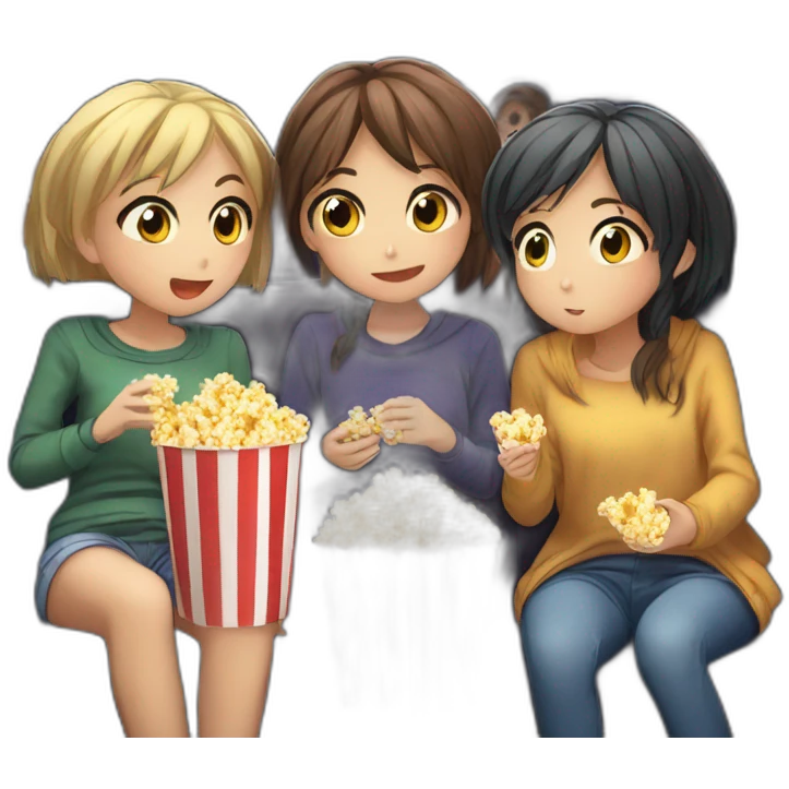 three anime girls watching movie at the cinema eating popcorn, dark background emoji