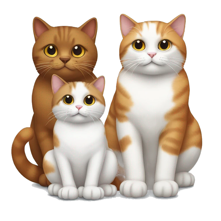 Three cats sitting together one brown, one white, the other orange and white emoji