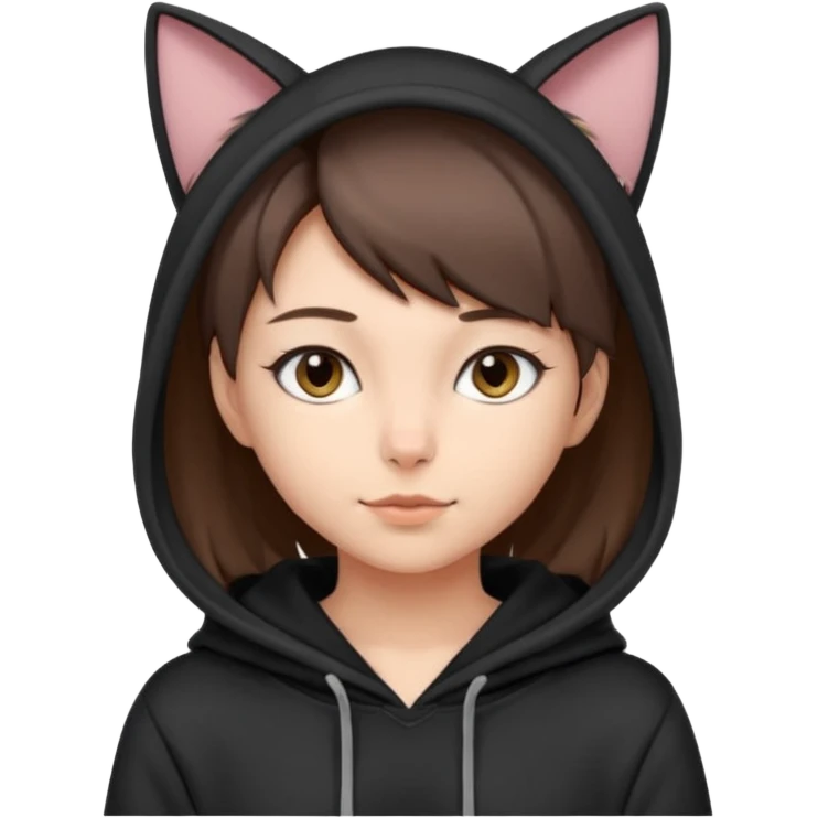 a girl with short brown hair, grey cat ears and a tail, with a black hoodie on  emoji
