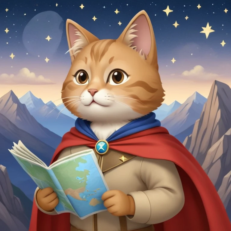 Explorer cat holding a map, mountains and stars in background, wearing light clothes and cape blowing in wind, looking into distance emoji