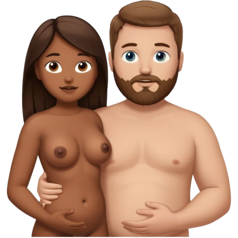 chubby white guy with brown hair and beard and blue eyes, holding a brown girl with long dark hair and dark brown eyes in arms, naked, showing tits emoji