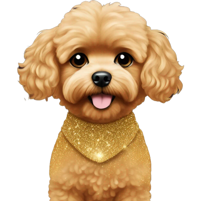 Red maltipoo with gold glitter christmas tree garland around his neck emoji