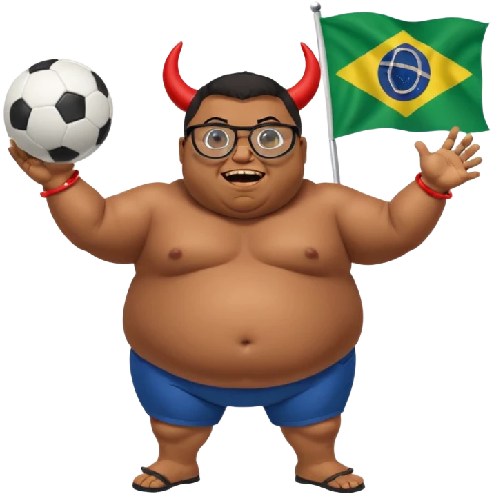 make an guy called pedro who is dancing with a football and playing brazzilian phonk and hee has glasses and is obese and make it look like hes listening to brazzilian phonk so it has a brazil flag and text saying phonk on it and give him demon laser eyes phonk demon tuff boii  sus phonk brazilo! emoji