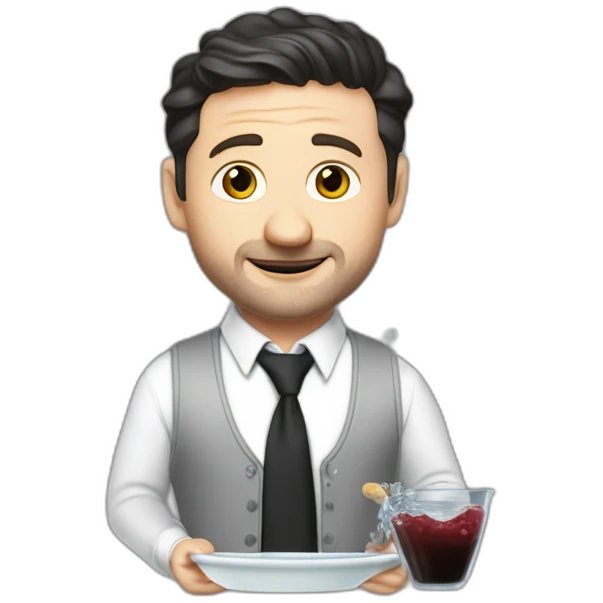 tim robinson dark black slicked back hair white long sleeve waffle shirt with a light grey vest pouring water on a steak -tie emoji