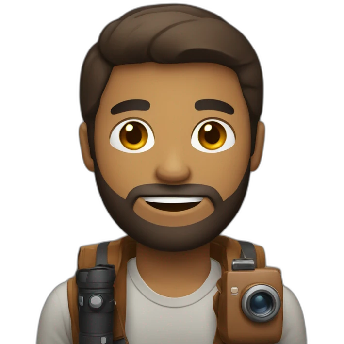 Brown skinned guy with beard holding a photo camera emoji
