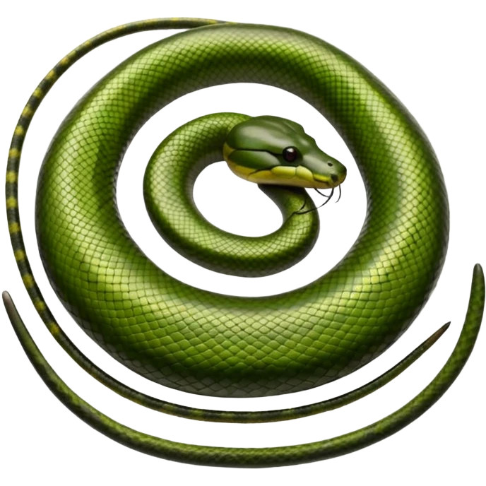 A photo-realistic top-down view of a Green Anaconda tightly coiled in a spiral, with its broad, flat head resting at the center. Its olive-green body is thick and muscular, patterned with symmetrical, bold black oval spots that flow along its smooth, glossy scales, that are camoflaged emoji