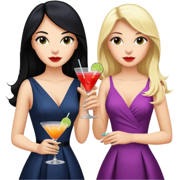 Two queens with long black hair and blonde drink emoji