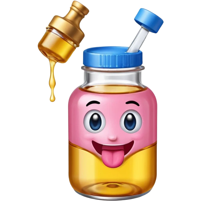 Smiling bottle of oil pink with silly face tongue out blue top emoji