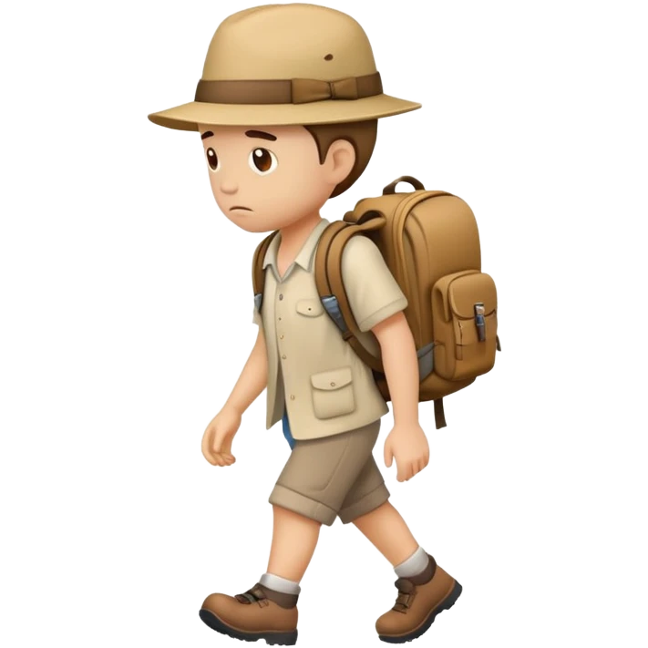 sad traveler with backpack and hat walking with head down emoji
