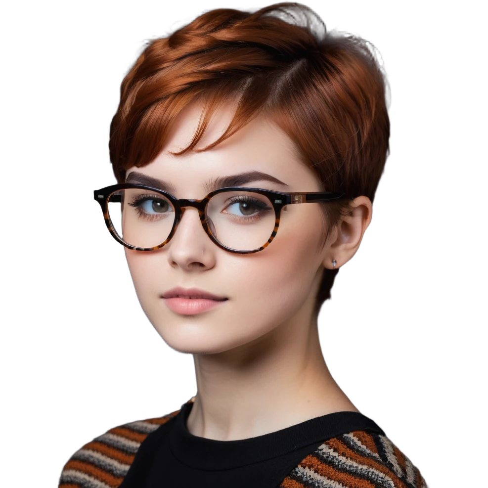 woman in her 20s with auburn pixie cut (side part) and glasses emoji