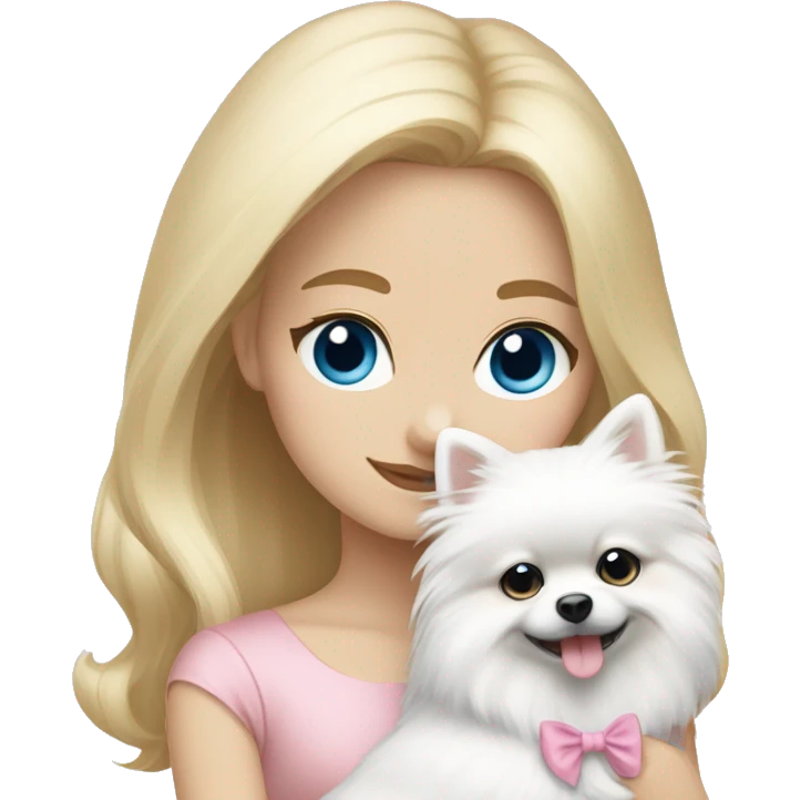 Blond girl white skin blue eyes hugging white Pomeranian with light pink bow emoji