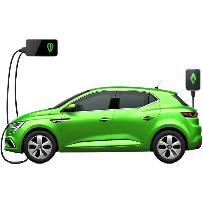 Renault Megane E-Tech electric car with charging cable plugged in, green color emoji
