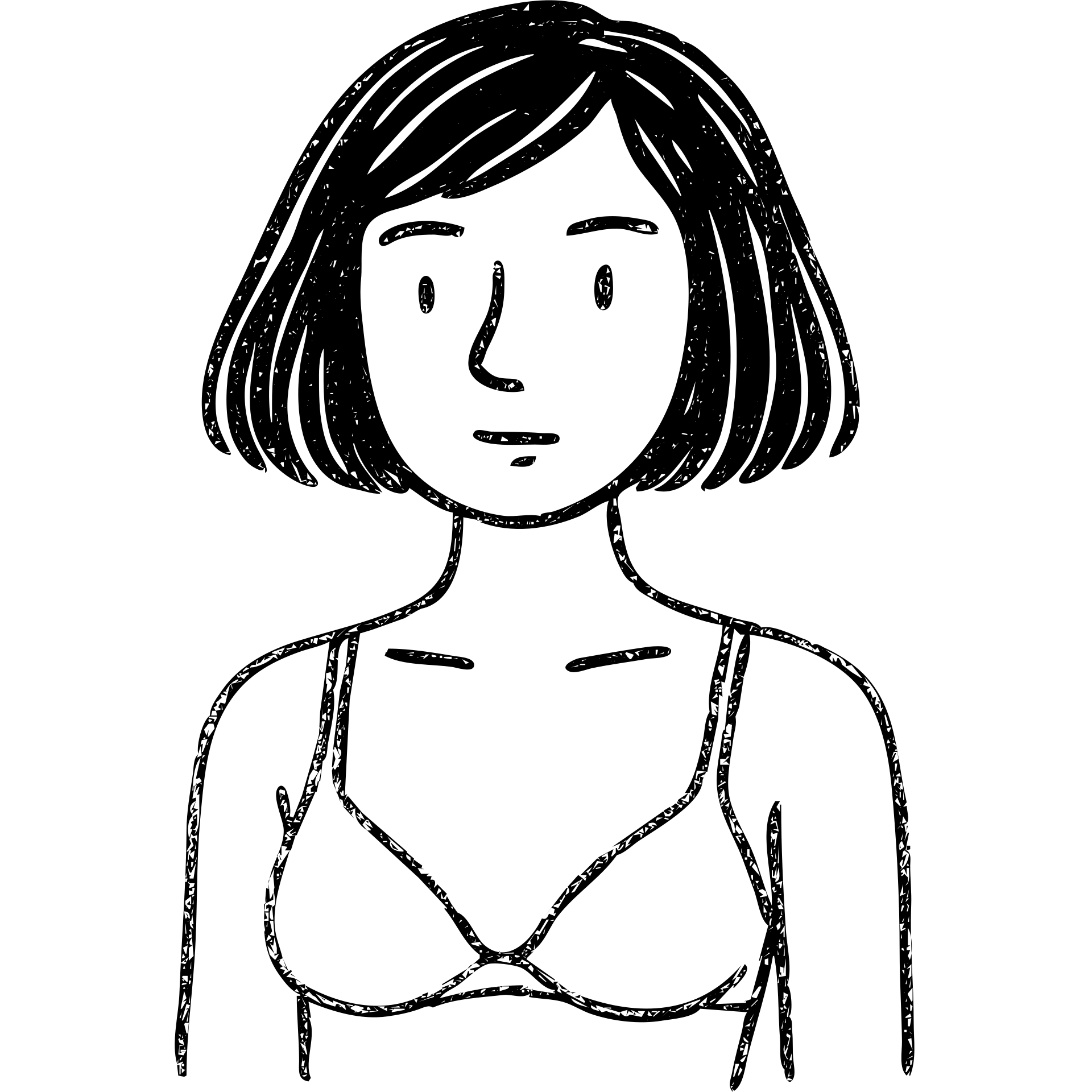 young woman with dark bob hair and a bra, small bust emoji