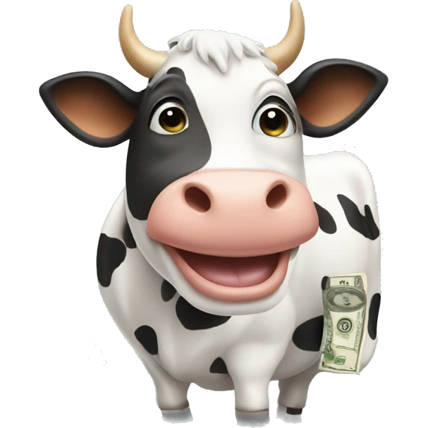 Cow with dollar signs on it and a big grin on his face emoji