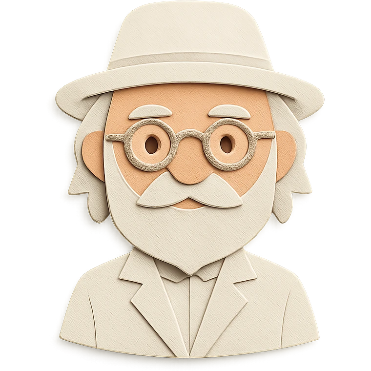 old man with a white hat, slightly long white beard, white moustache, round glasses, white suit, white longish hair, paper craft style emoji
