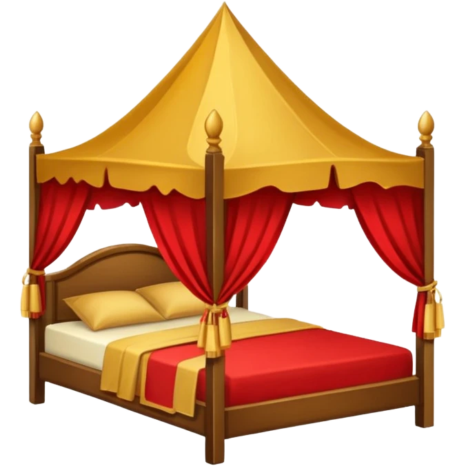 bed with red and gold sheets, wooden, canopy, simple emoji