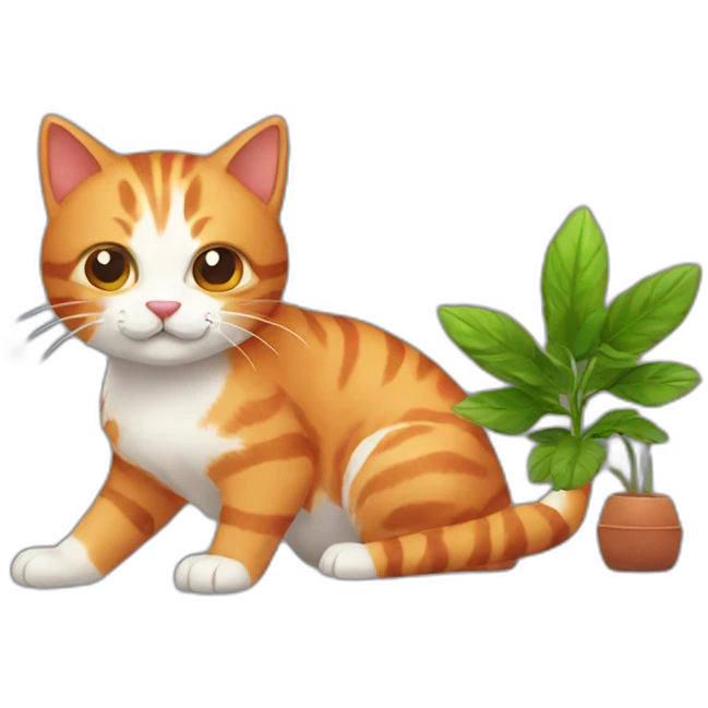 Red haired cat playing with plant emoji