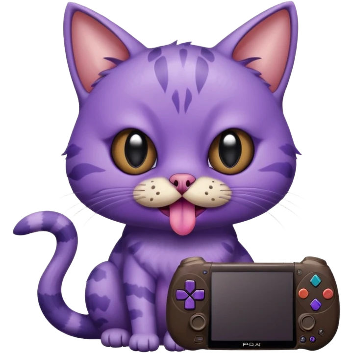 purple cat with huge eyes smelly lines and their massive brown tongue out also a playstation next to it and an ostrich on its back realistic emoji