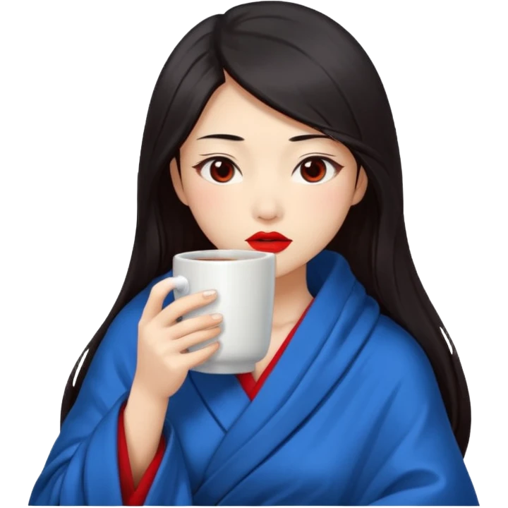 sexy asian japanese girl, red lips, long dark hair, feeling ill, sickness, nose is red due to sickness, fully covered by blanket - even head, holding tea mug in hands emoji