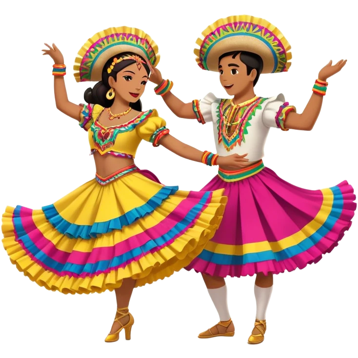 Cinematic Realistic scene of two dancers performing Cumbia, adorned in colorful traditional Colombian costumes with intricate details, captured in rhythmic motion with lively, festive lighting emoji