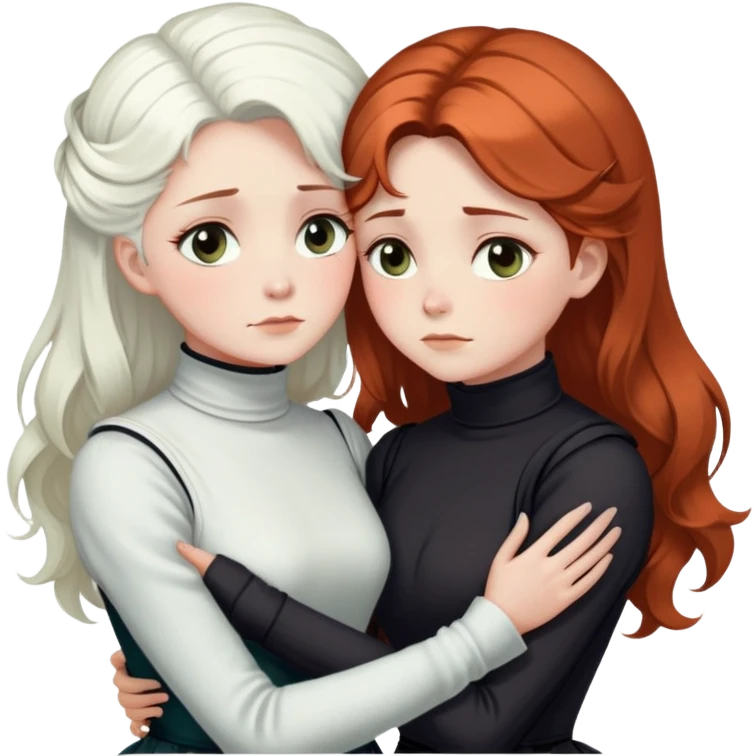 Two Victorian women with light eyes, one with bright pure white coiffed hair and one with dark copper coiffed hair, wearing Victorian turtleneck dresses, embracing each other in a sad, intimate hug emoji