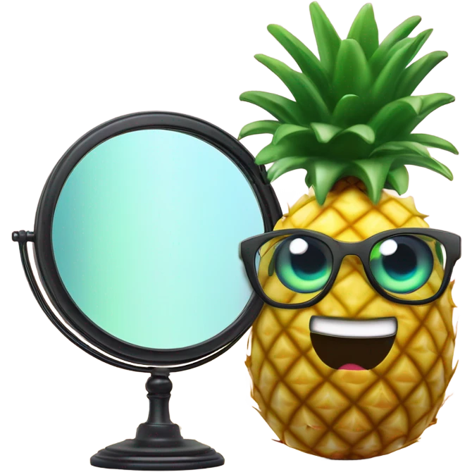 3D elegant pineapple🍍  with big shiny eyes 👀 pineapple holds mirror with its reflection 🪞🍍 emoji