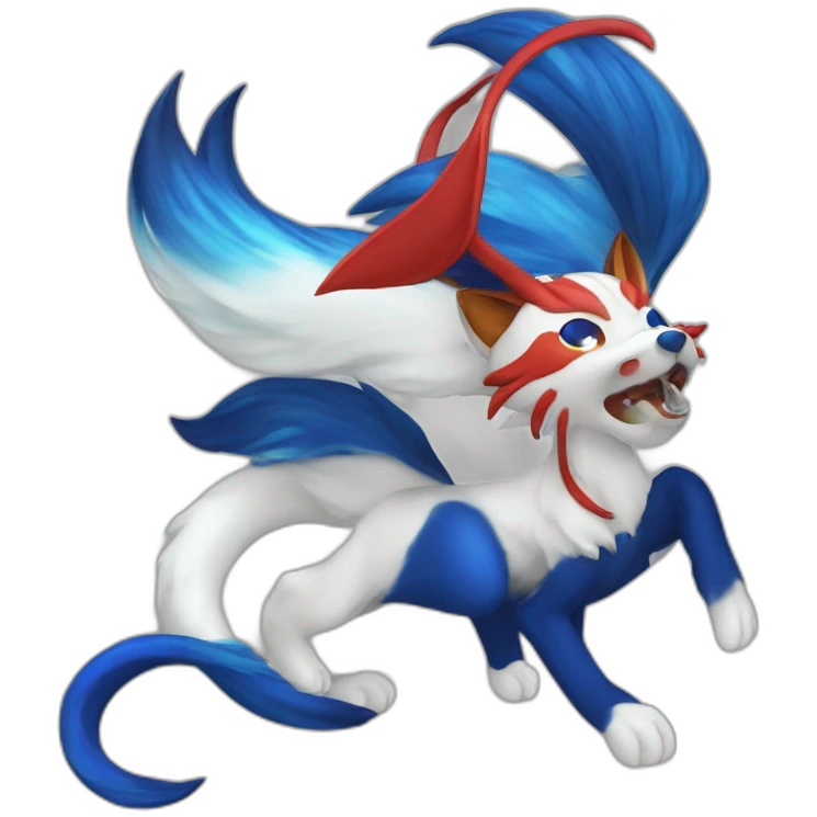 Deep blue 5 tails kitsune with red saddle  emoji