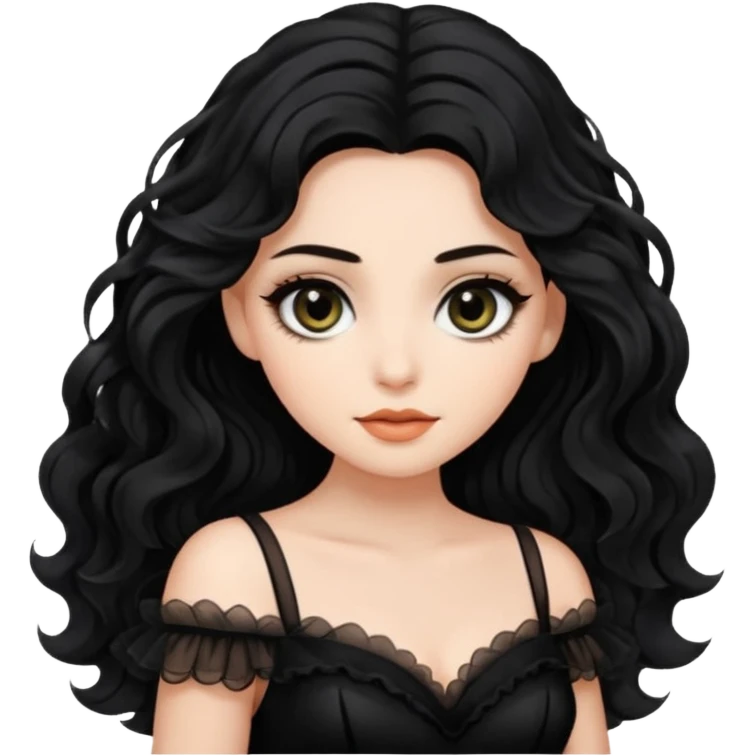 Beyaz tenli siyah tül çok açık elbise giyen siyah dalgalı saçı olan çekik gözlü  emoji