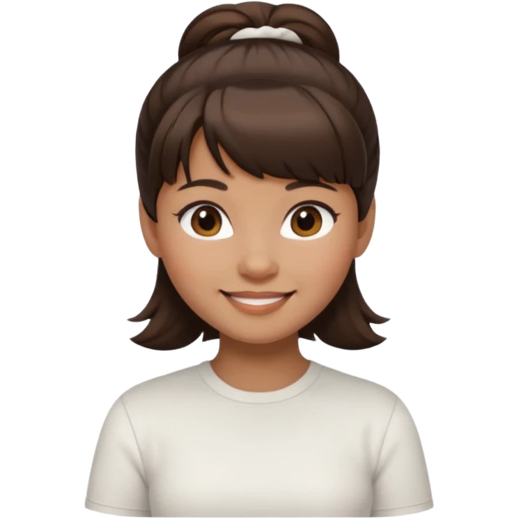 In Apple Memoji format, a girl with dark brown hair. She has bangs and her hair is in a singular high bun. The girl is arab and has light brown skin. She is wearing a white shirt emoji