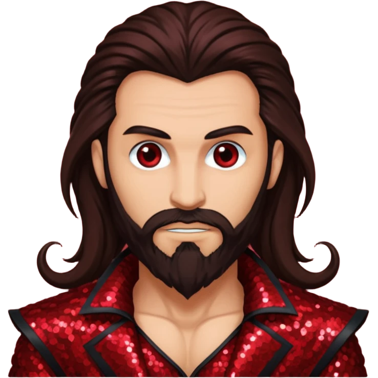 Samael, Venom of God from Gods and Goddesses with tan skin, long dark brown and beard, dark red sequin outfit emoji