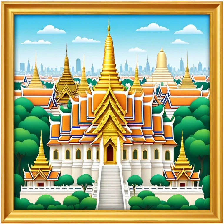 Cinematic Realistic Grand Palace Bangkok Landmark Emoji, showcasing the opulent golden spires, intricate Thai architecture, and the Emerald Buddha Temple set within a vibrant, manicured courtyard. emoji