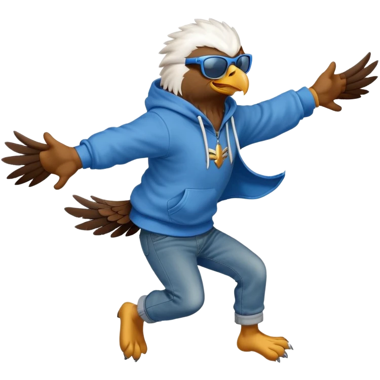 friendly anthropomorphised eagle with arms in a hoodie and jeans jumping and wearing sunglasses emoji