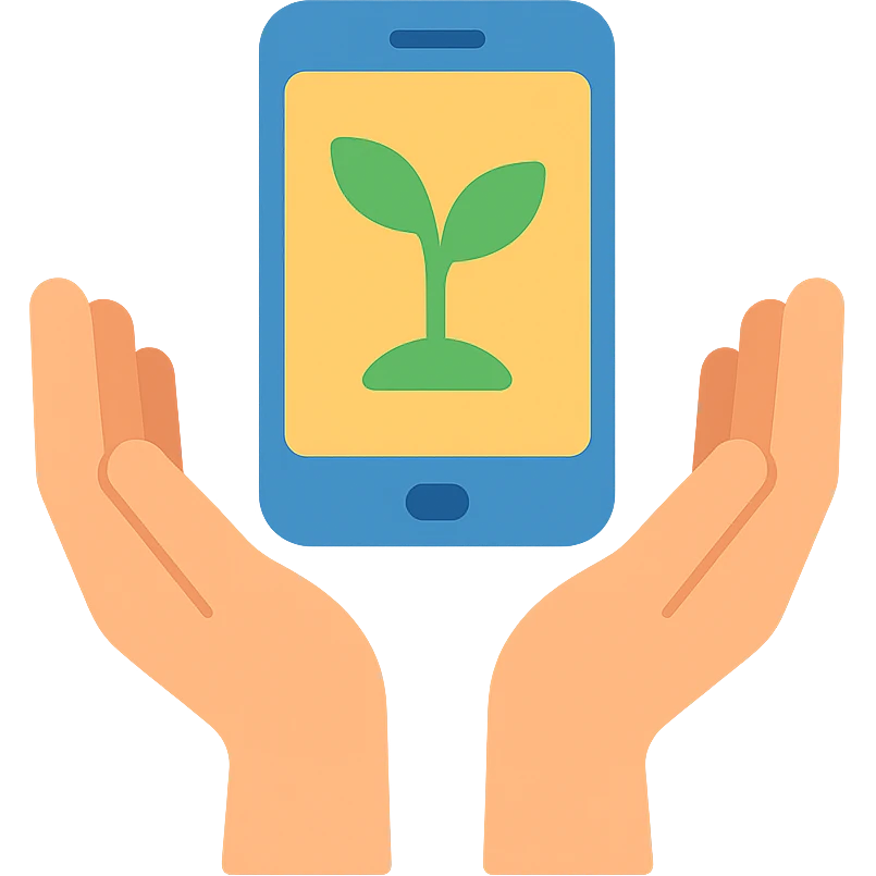 open hands holding a smartphone with a small green seedling growing from it, metaphor for ebook as a digital seed, colorful and friendly style emoji