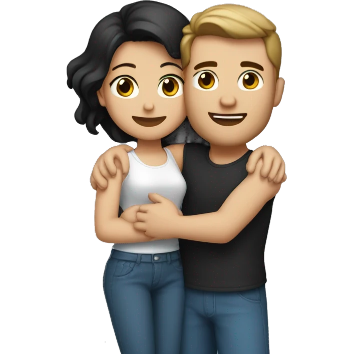 Couple having a big hug, arms around each other. man with light brown skin and black hair. white woman with brown hair and blue eyes  emoji