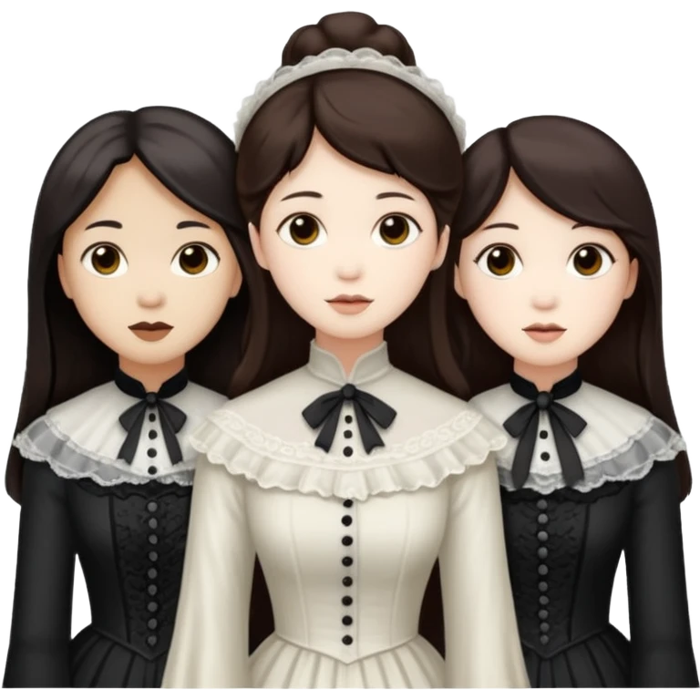 Three Victorian ghosts friends with dark brown hair  one Asian one Caucasian  one African American all beautiful  emoji